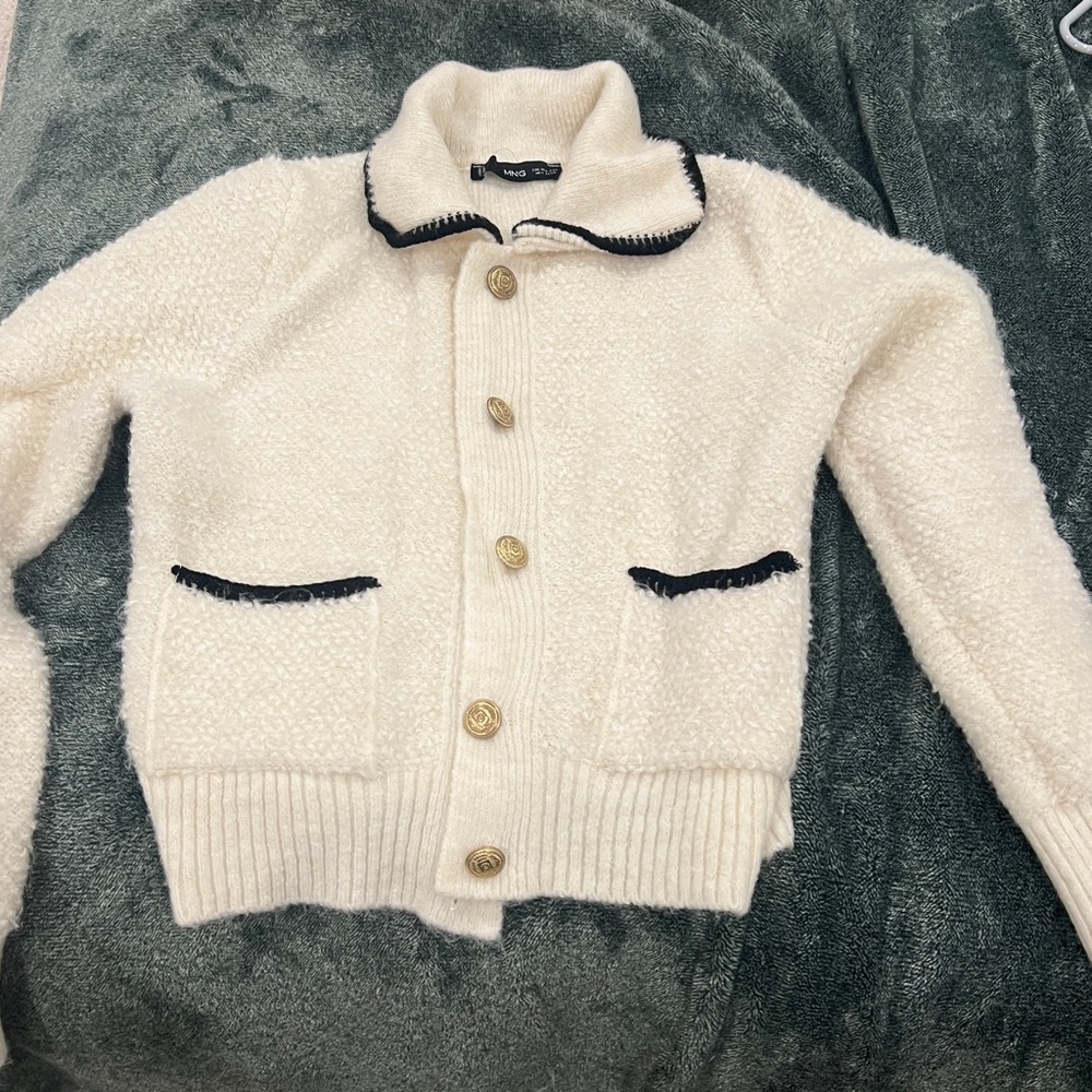Mango Cream Cardigan with Black Trim and gold buttons